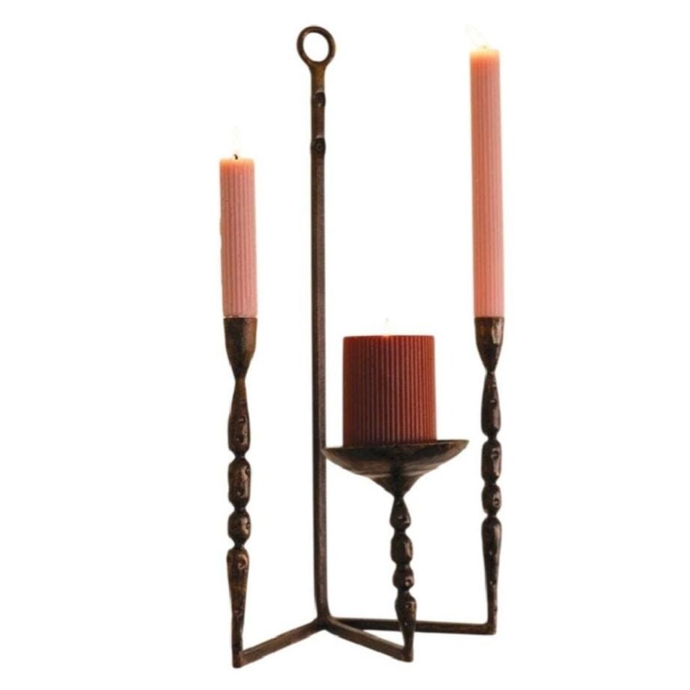 Forged Iron Wall Candle Holder Taper Pillar Primitive Rustic Brown Sconce Hanger